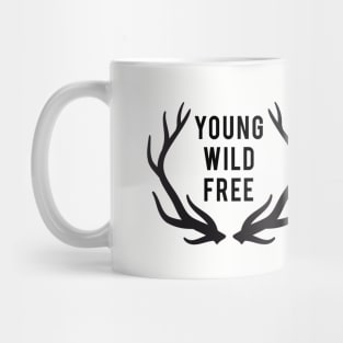 young, wild, free, text design with deer antlers Mug